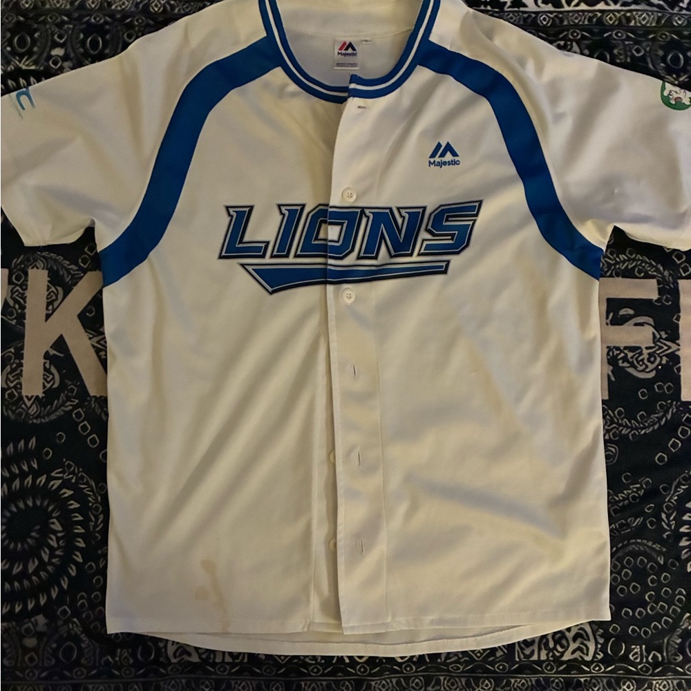 Majestic White and Blue Lions Jersey